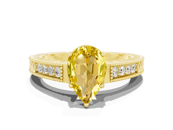 Yellow gold Pear Cut Yellow Sapphire Ring with Milgrain Pavé Band and Four-Prong Setting
