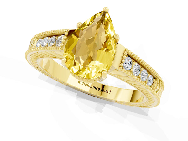 Yellow gold Pear Cut Yellow Sapphire Ring with Milgrain Pavé Band and Four-Prong Setting
