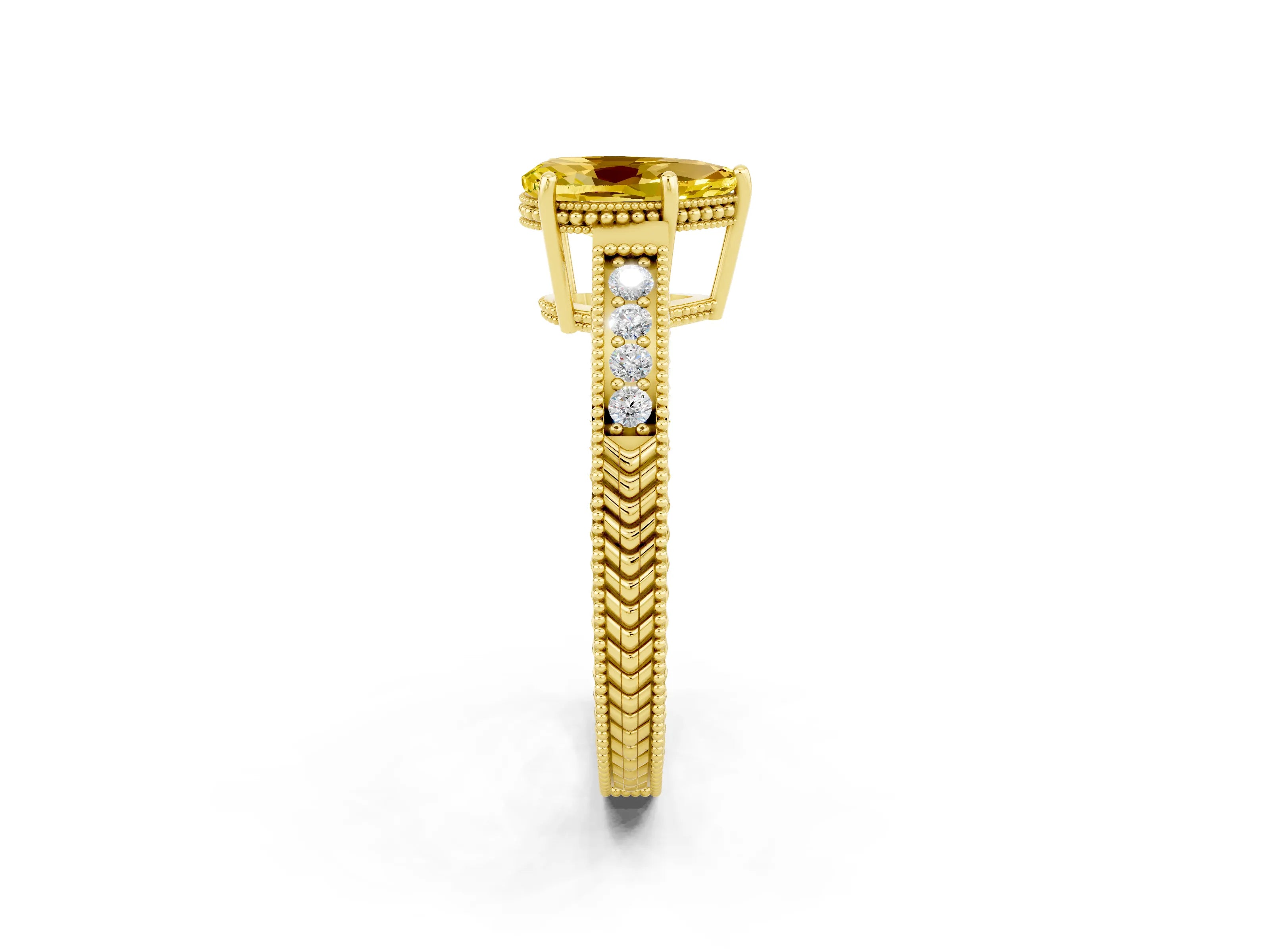 Yellow gold Pear Cut Yellow Sapphire Ring with Milgrain Pavé Band and Four-Prong Setting_38