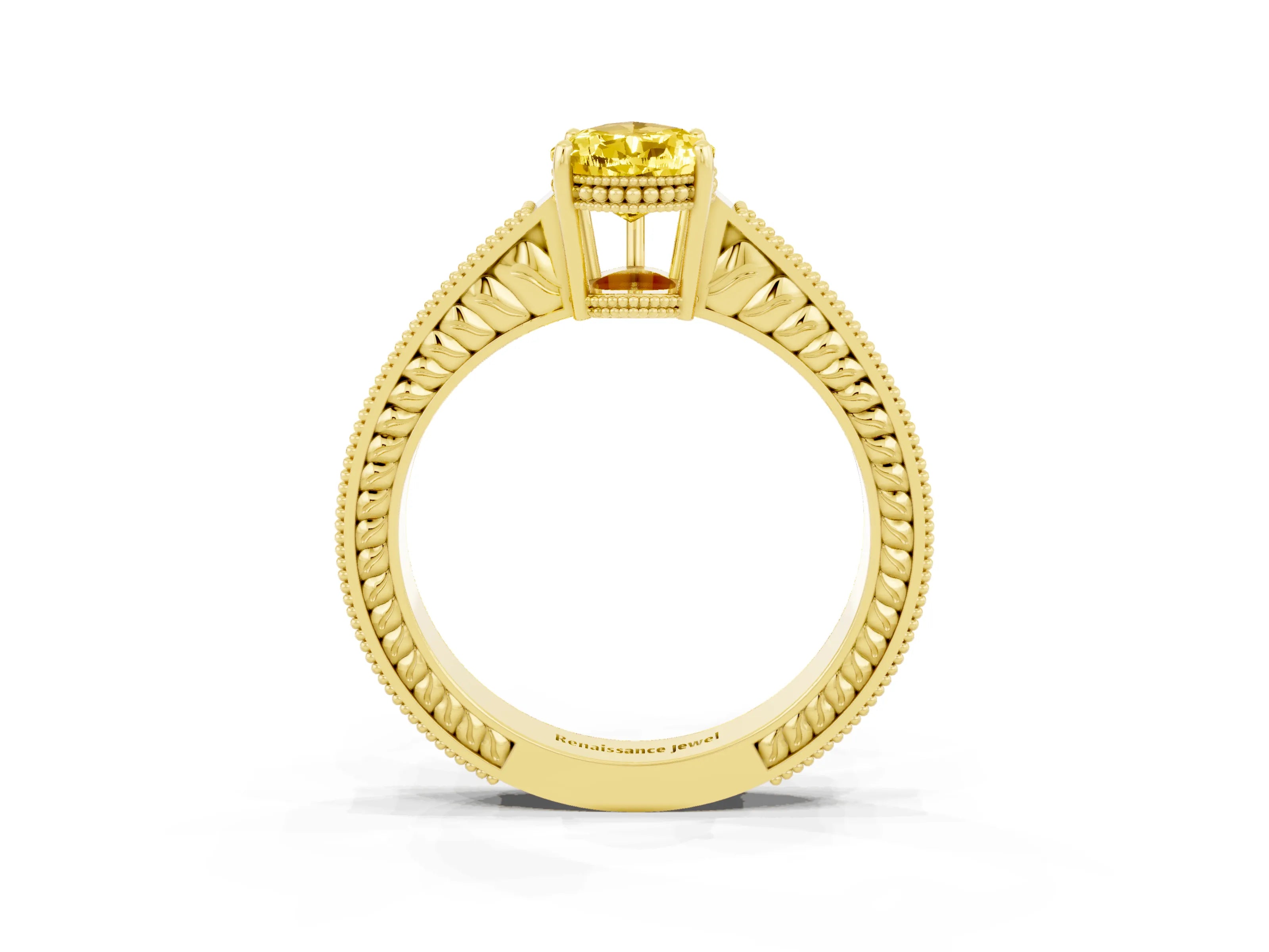 Yellow gold Pear Cut Yellow Sapphire Ring with Milgrain Pavé Band and Four-Prong Setting_39