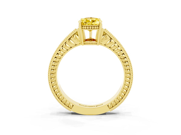 Yellow gold Pear Cut Yellow Sapphire Ring with Milgrain Pavé Band and Four-Prong Setting