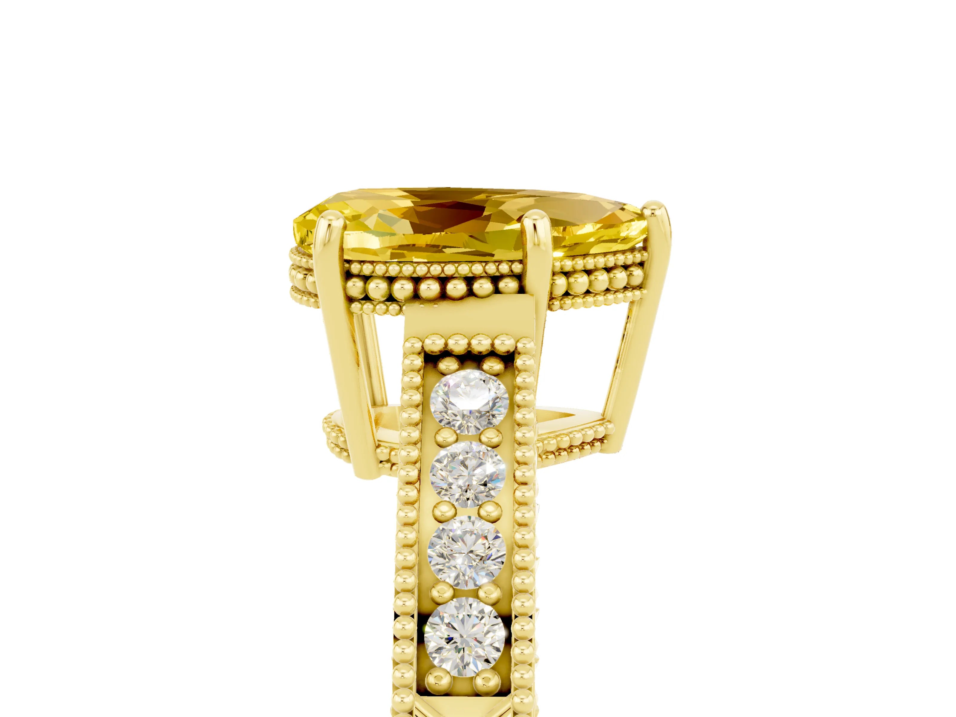 Yellow gold Pear Cut Yellow Sapphire Ring with Milgrain Pavé Band and Four-Prong Setting_41