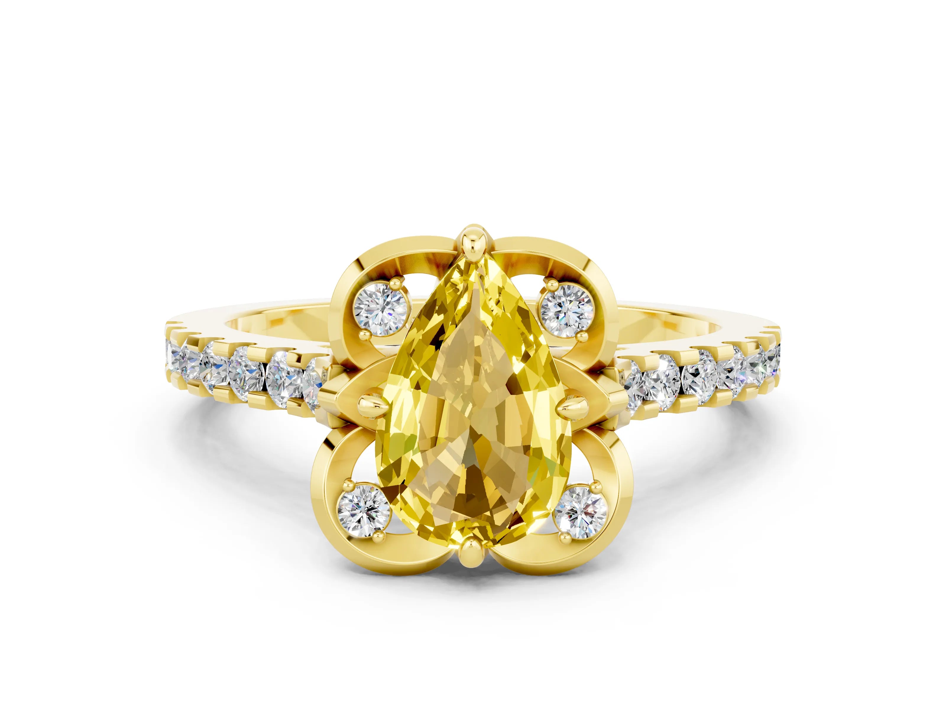 Yellow gold Pear Cut Yellow Sapphire Ring with Pavé Band and Floral Prong Setting