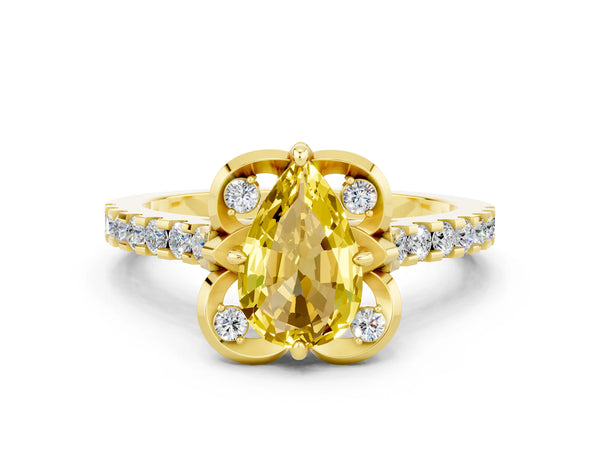 Yellow gold Pear Cut Yellow Sapphire Ring with Pavé Band and Floral Prong Setting