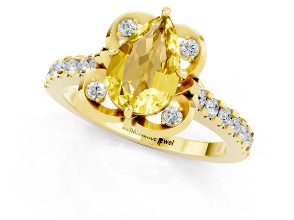 Yellow gold Pear Cut Yellow Sapphire Ring with Pavé Band and Floral Prong Setting