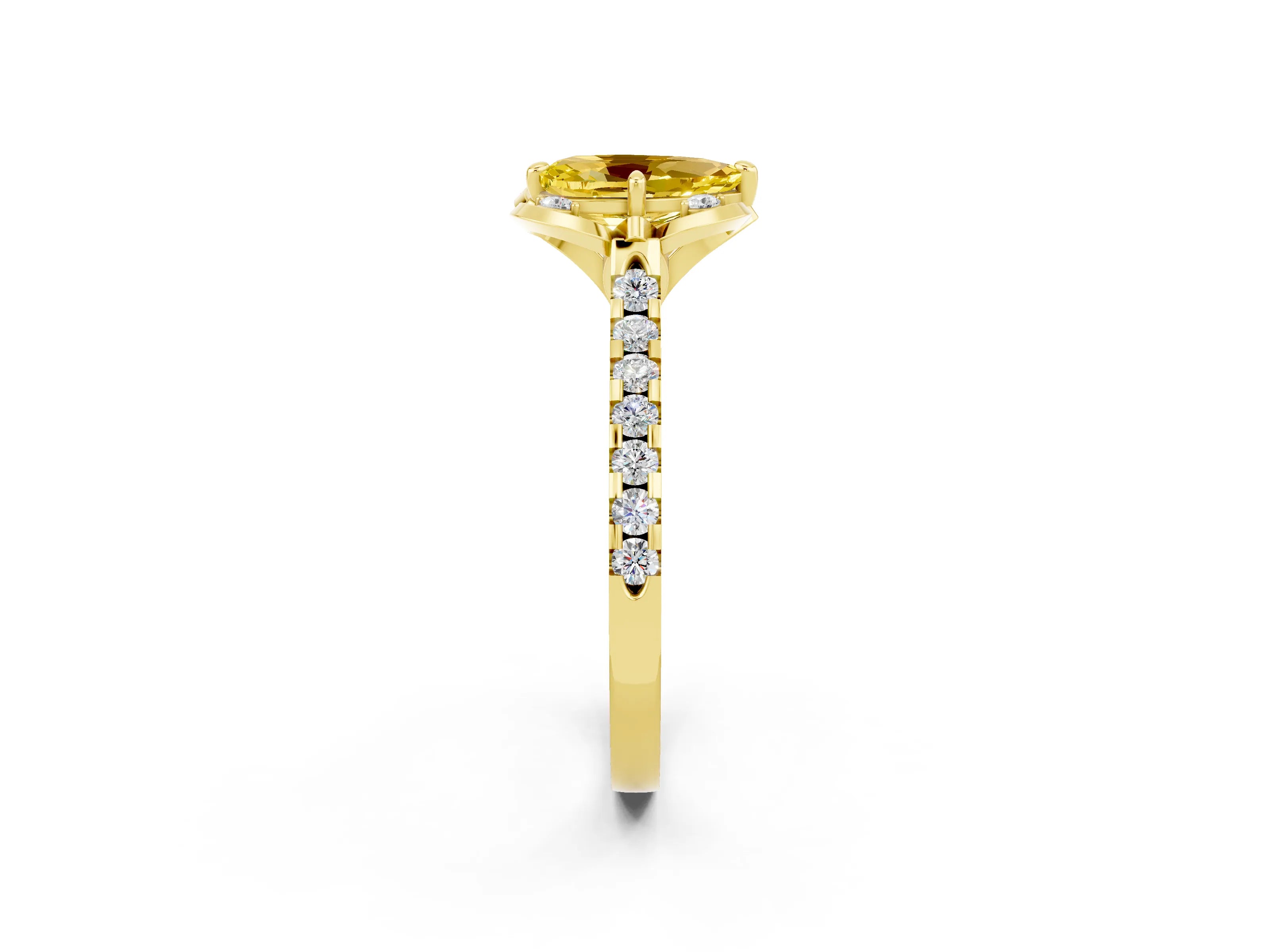 Yellow gold Pear Cut Yellow Sapphire Ring with Pavé Band and Floral Prong Setting_2