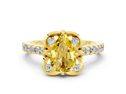 Yellow gold Pear Cut Yellow Sapphire Ring with Pavé Band and Floral Prong Setting