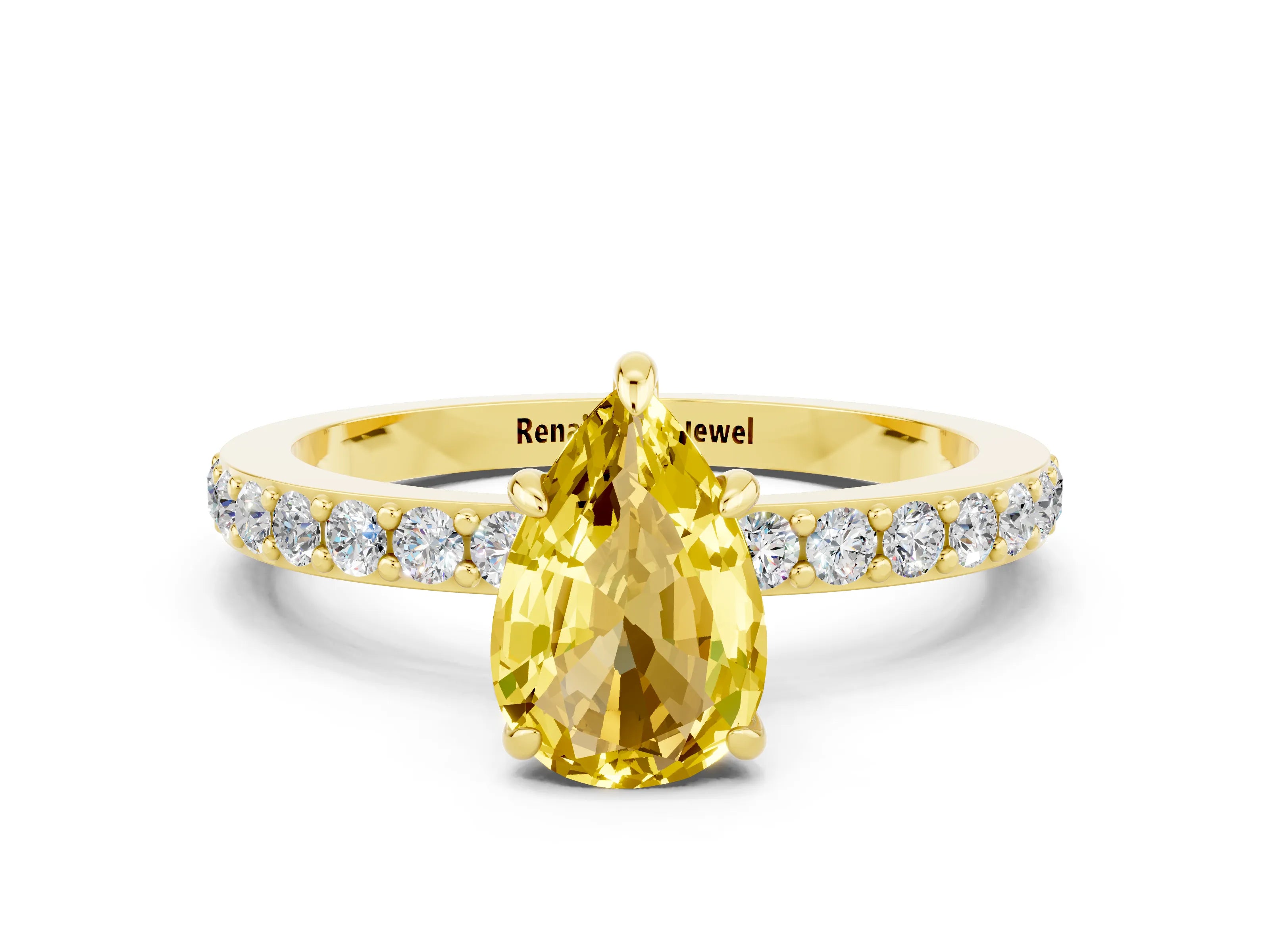 Yellow gold Pear Cut Yellow Sapphire Ring with Pavé Band and Four-Prong Setting_24