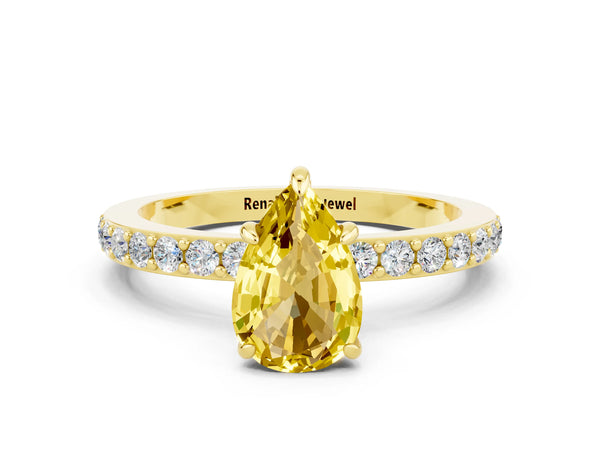 Yellow gold Pear Cut Yellow Sapphire Pavé Engagement Ring with Round  Accents and Prong Setting