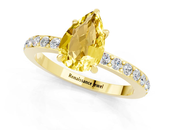 Yellow gold Pear Cut Yellow Sapphire Pavé Engagement Ring with Round  Accents and Prong Setting
