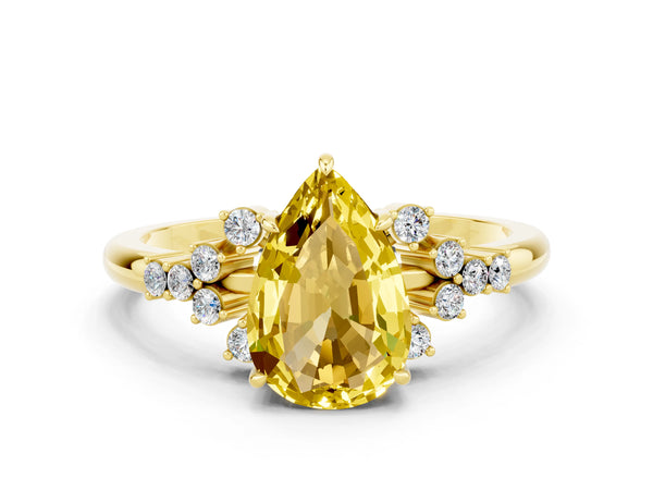 Yellow gold Pear Cut Yellow Sapphire Ring with Side Stones and Four-Prong Setting