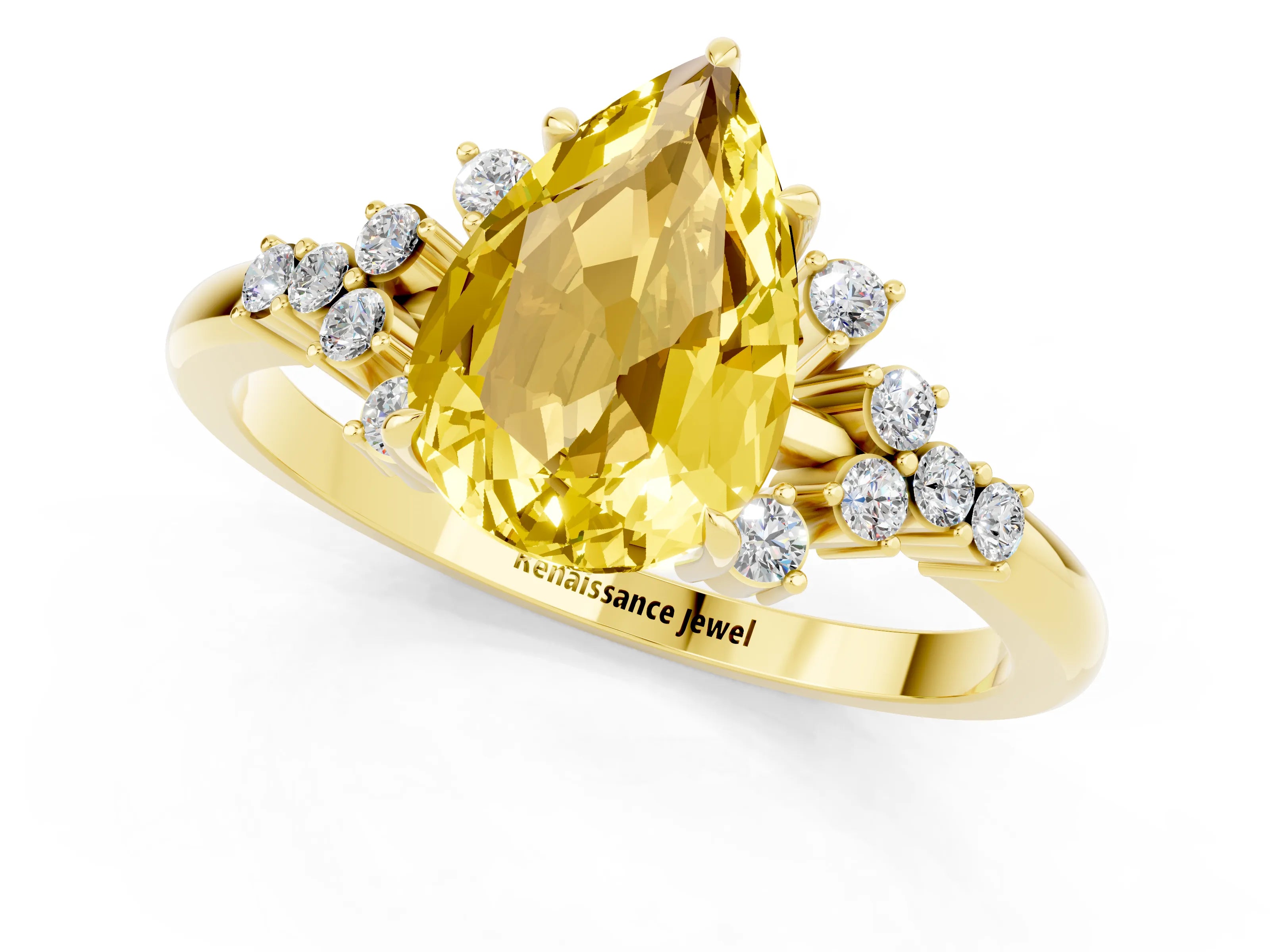 Yellow gold Pear Cut Yellow Sapphire Ring with Side Stones and Four-Prong Setting_61
