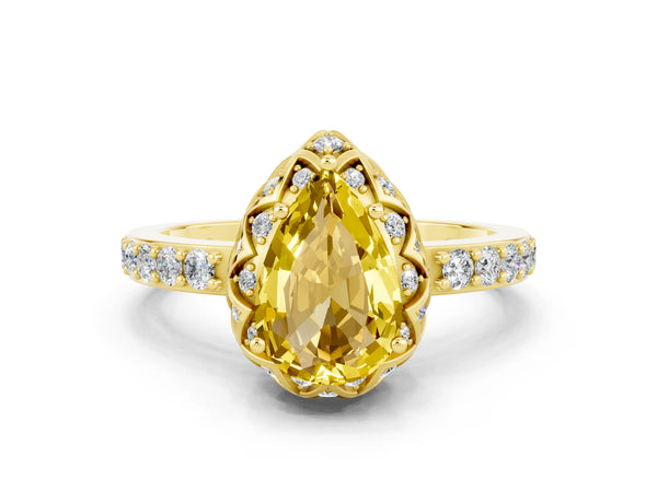 Yellow gold Pear Cut Yellow Sapphire Scalloped Halo Engagement Ring with Round Shared Prong Band