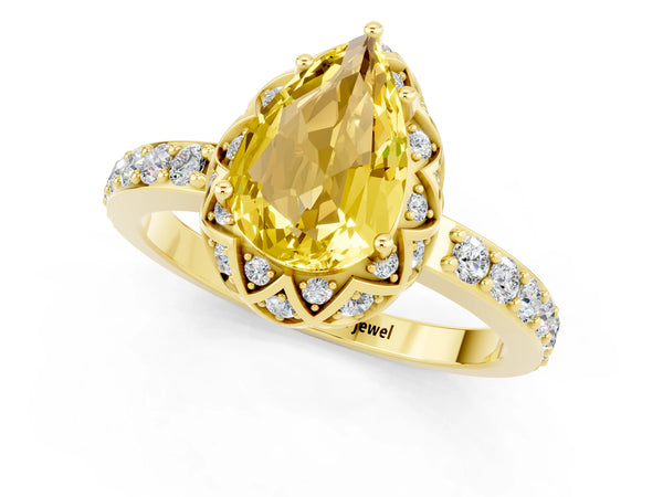 Yellow gold Pear Cut Yellow Sapphire Scalloped Halo Engagement Ring with Round Shared Prong Band