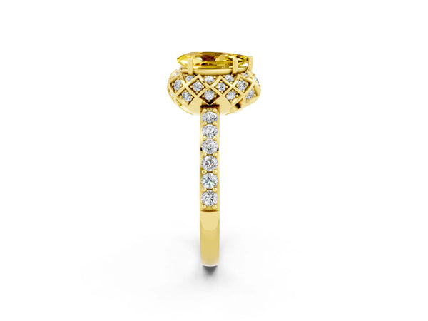 Yellow gold Pear Cut Yellow Sapphire Scalloped Halo Engagement Ring with Round Shared Prong Band