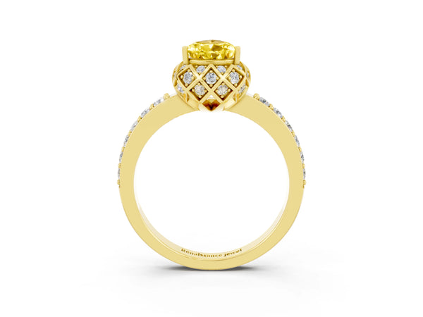 Yellow gold Pear Cut Yellow Sapphire Scalloped Halo Engagement Ring with Round Shared Prong Band