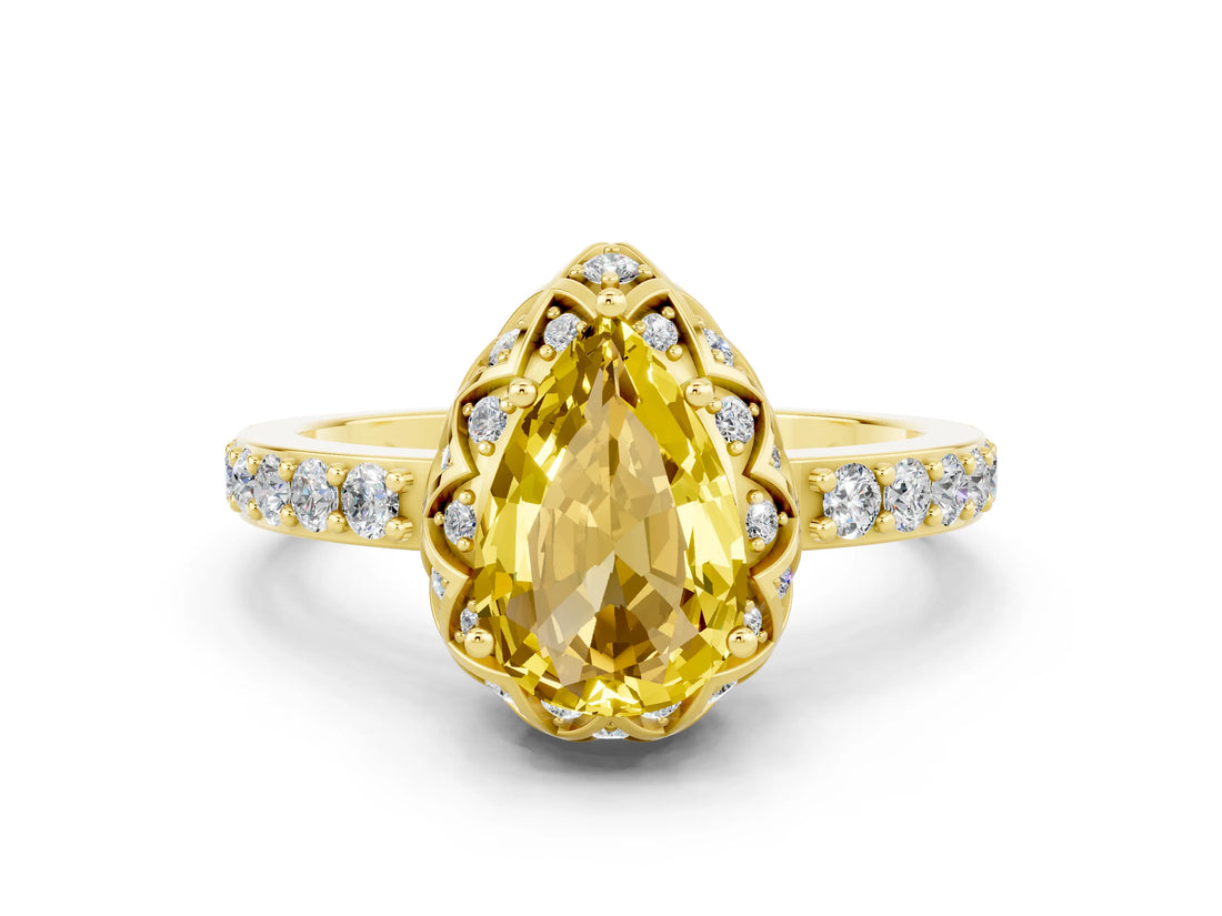 Yellow gold Pear Cut Yellow Sapphire Scalloped Halo Engagement Ring with Round Shared Prong Band_24