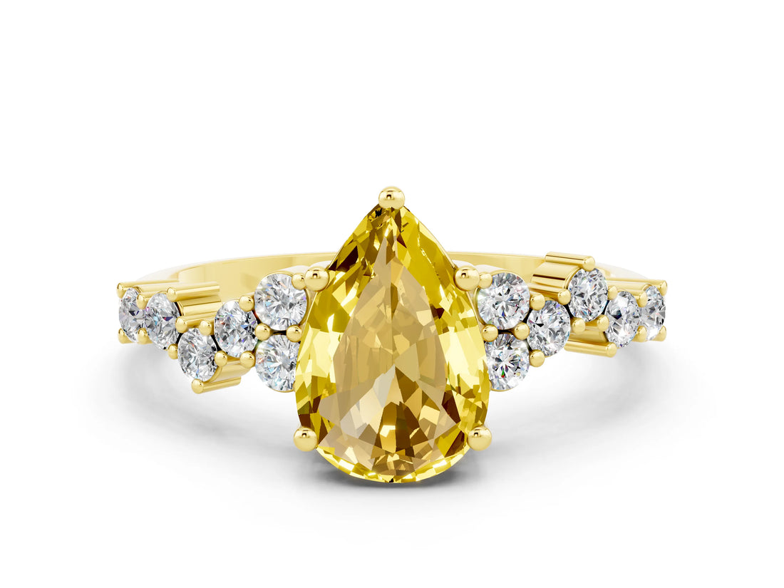 Yellow gold Pear Cut Yellow Sapphire Scattered Round Accent Ring with Prong Setting_12
