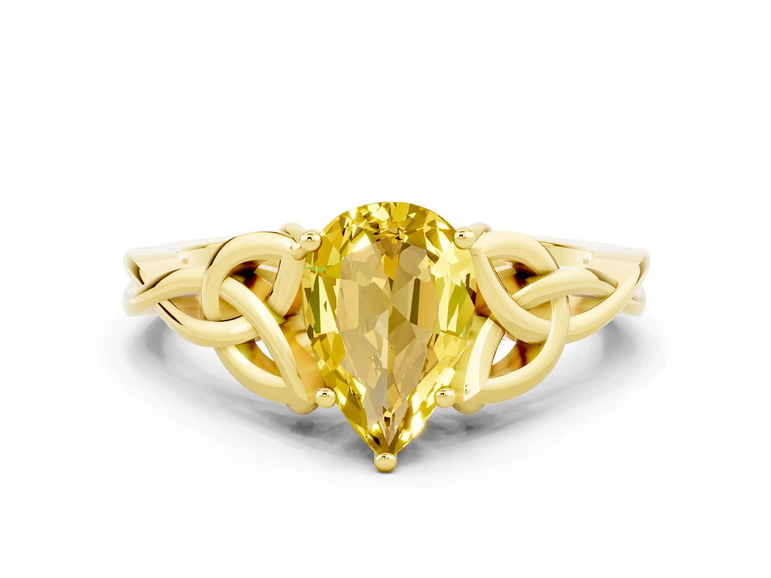 Yellow gold Pear Cut Yellow Sapphire Solitaire Celtic Knot Ring with Four-Prong Setting_36