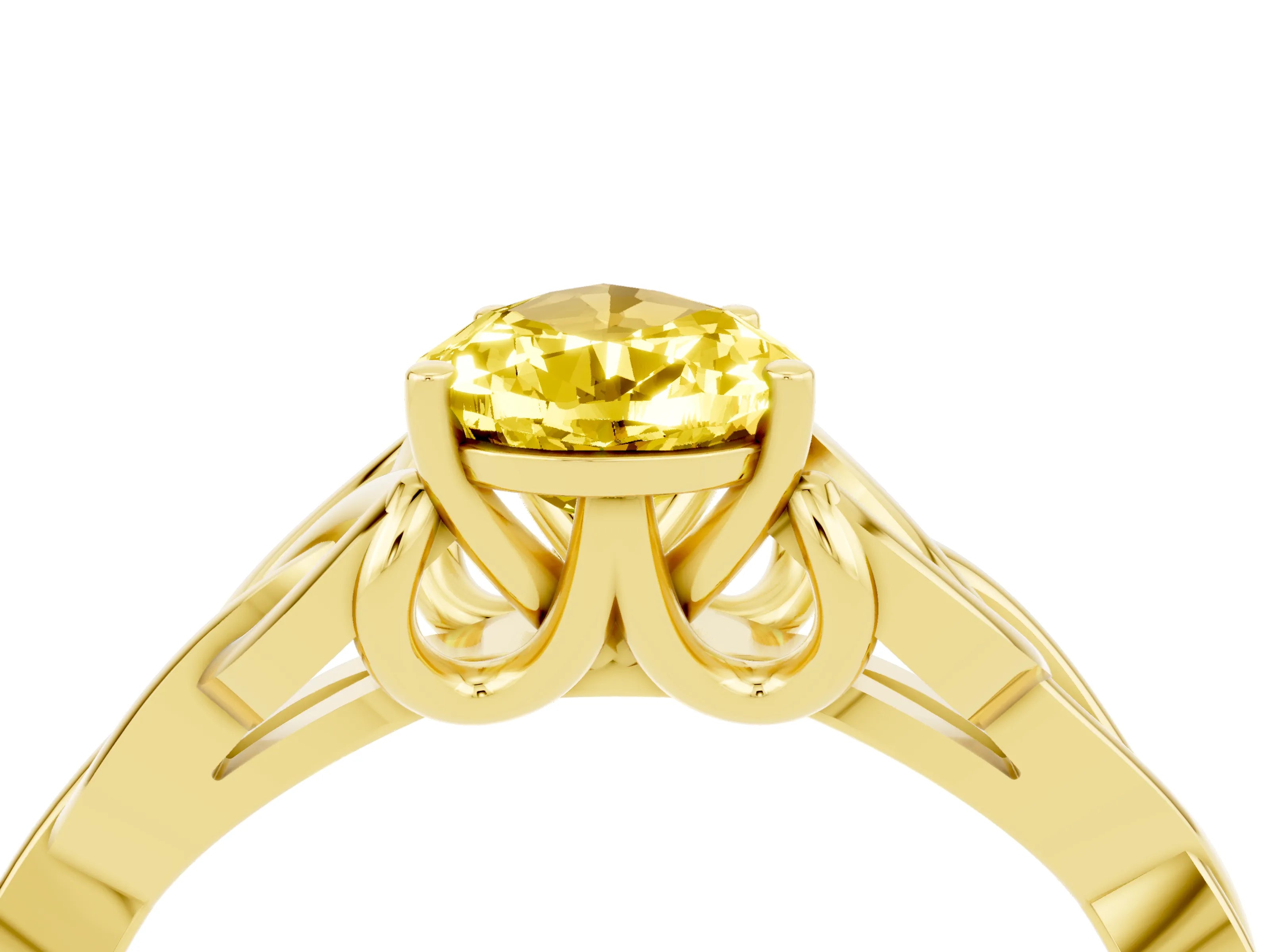 Yellow gold Pear Cut Yellow Sapphire Solitaire Engagement Ring with Celtic Knot Band and Four-Prong Setting_28