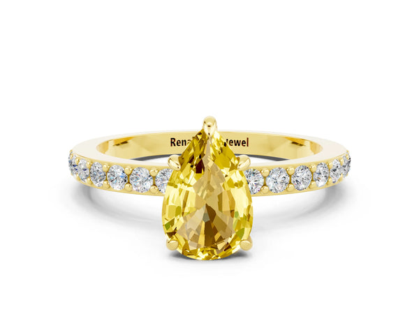 Yellow gold Pear Cut Yellow Sapphire Solitaire Engagement Ring with Pavé Band and Four-Prong Setting