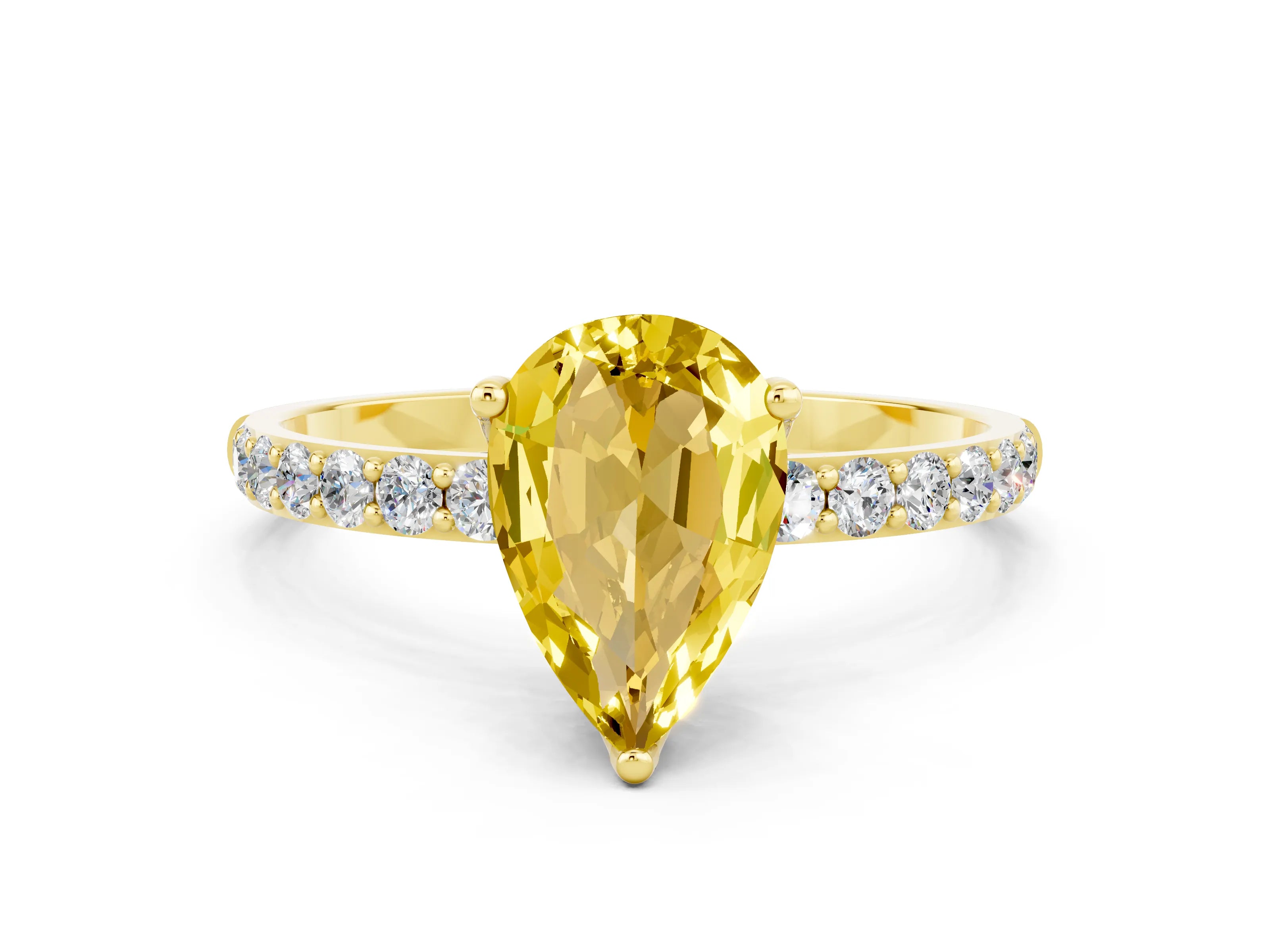 Yellow gold Pear Cut Yellow Sapphire Solitaire Engagement Ring with Pavé Band and Prong Setting