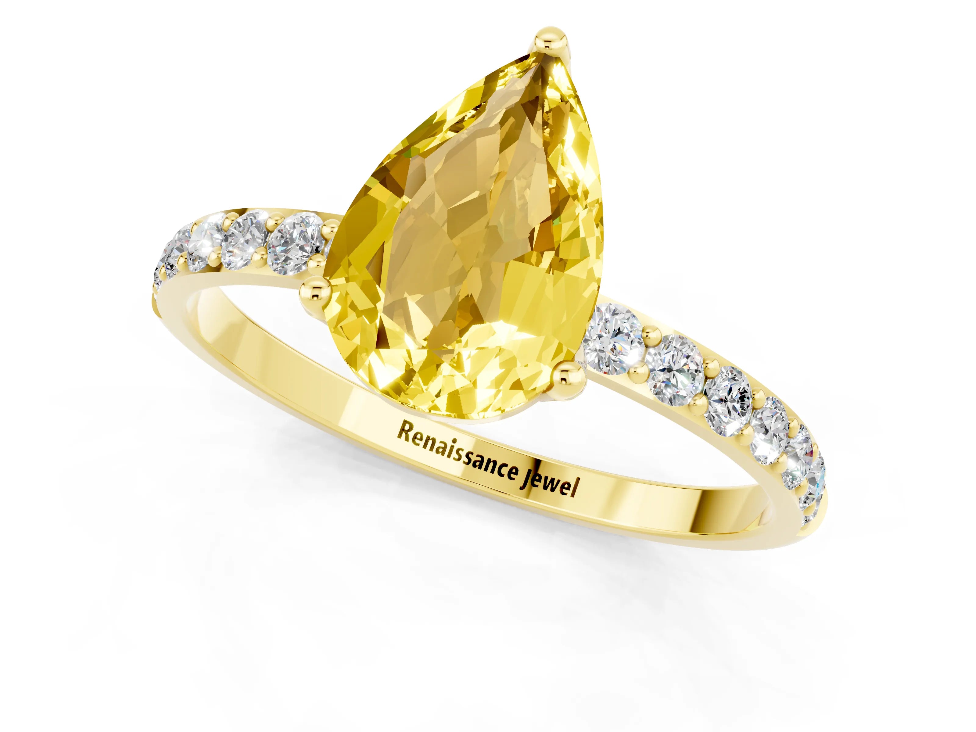 Yellow gold Pear Cut Yellow Sapphire Solitaire Engagement Ring with Pavé Band and Prong Setting_1
