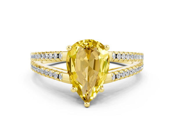Yellow gold Pear Cut Yellow Sapphire Solitaire Engagement Ring with Split Shank Pavé Band