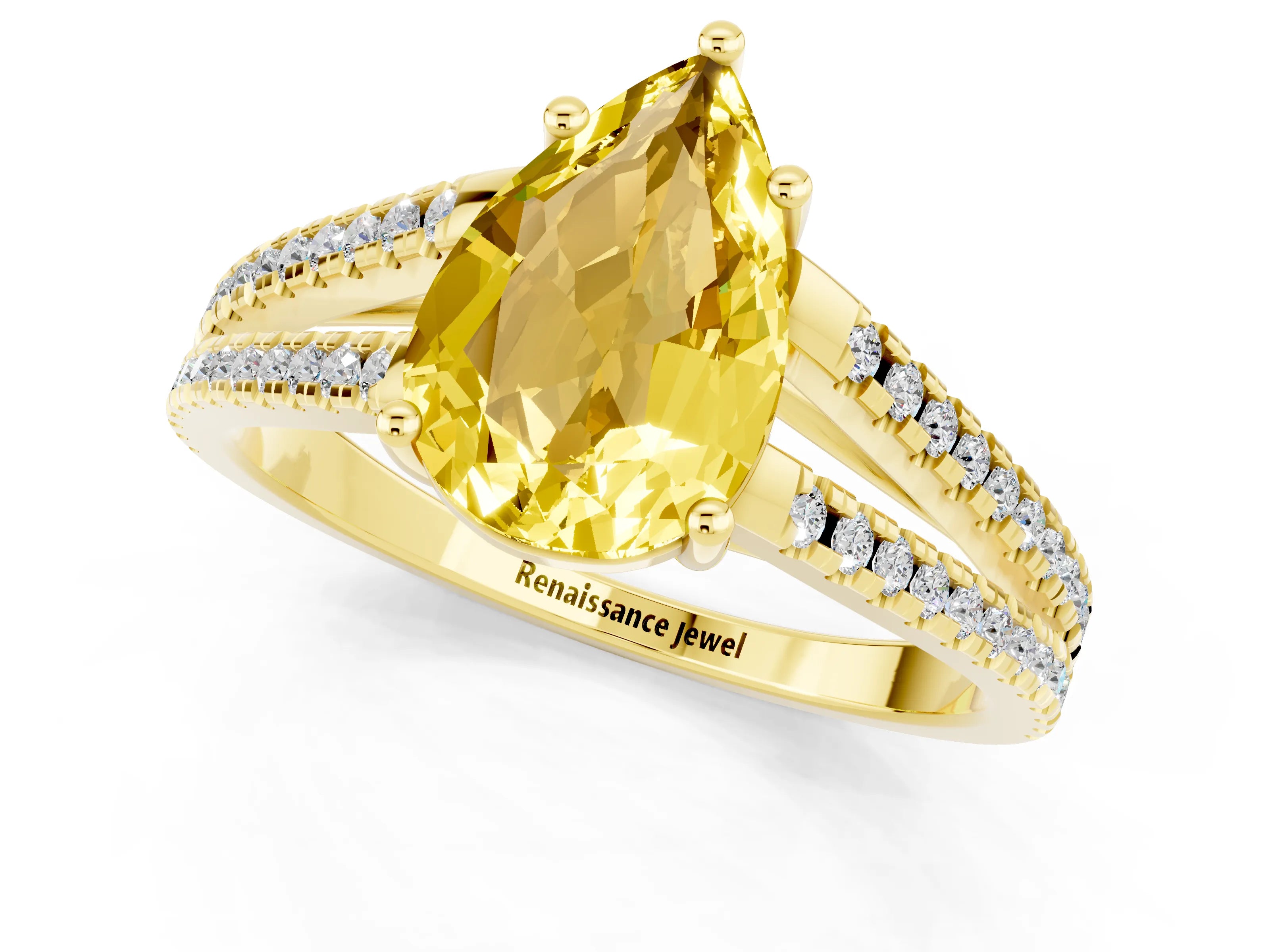 Yellow gold Pear Cut Yellow Sapphire Solitaire Engagement Ring with Split Shank Pavé Band_13