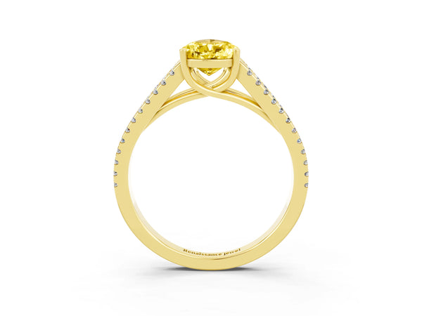 Yellow gold Pear Cut Yellow Sapphire Solitaire Engagement Ring with Split Shank Pavé Band