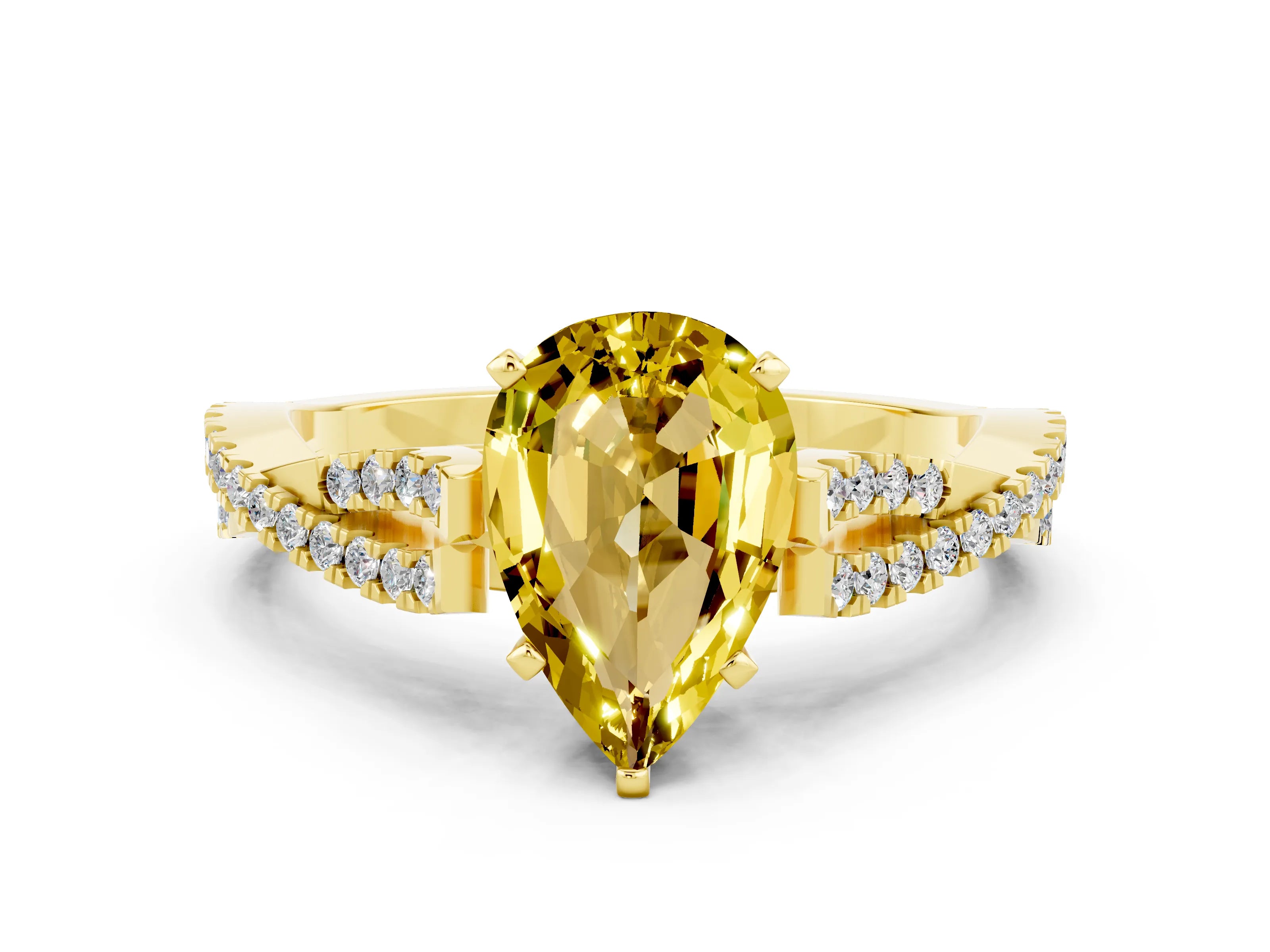 Yellow gold Pear Cut Yellow Sapphire Solitaire Engagement Ring with Twisted Pavé Band and Four-Prong Setting_12