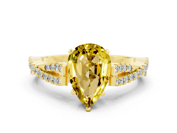 Yellow gold Pear Cut Yellow Sapphire Solitaire Engagement Ring with Twisted Pavé Band and Four-Prong Setting