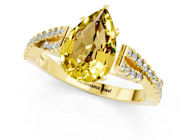 Yellow gold Pear Cut Yellow Sapphire Solitaire Engagement Ring with Twisted Pavé Band and Four-Prong Setting