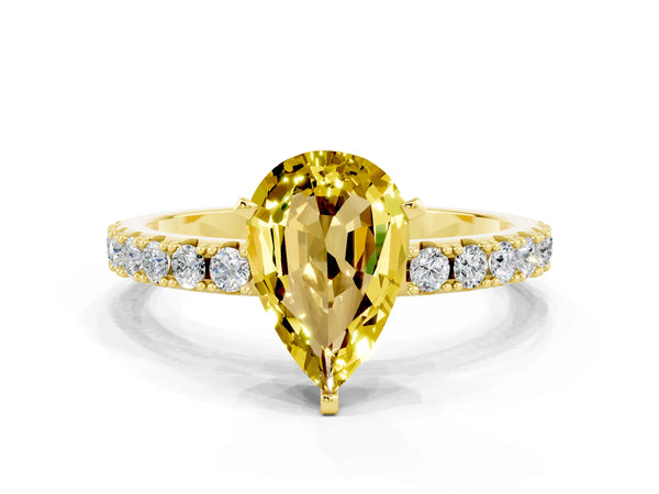 Yellow gold Pear Cut Yellow Sapphire Solitaire Pavé Band with Four-Prong Setting