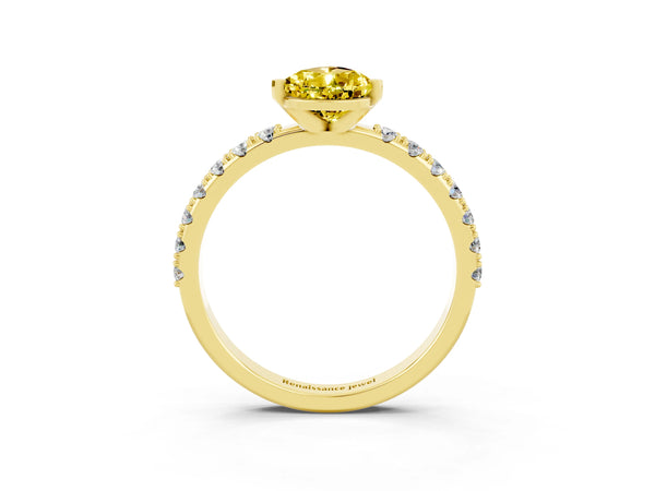 Yellow gold Pear Cut Yellow Sapphire Solitaire Pavé Band with Four-Prong Setting