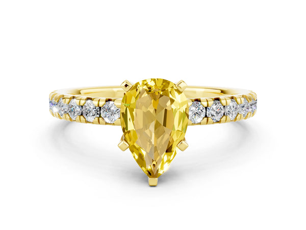 Yellow gold Pear Cut Yellow Sapphire Solitaire Pavé Engagement Ring with Round Band and Prong Setting