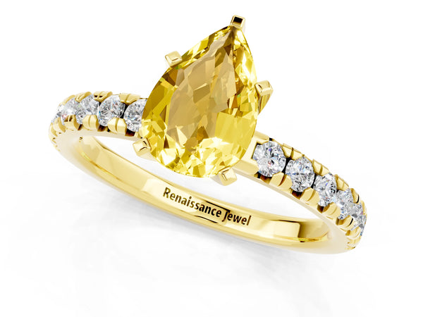 Yellow gold Pear Cut Yellow Sapphire Solitaire Pavé Engagement Ring with Round Band and Prong Setting