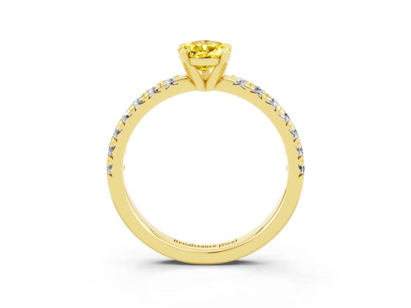 Yellow gold Pear Cut Yellow Sapphire Solitaire Pavé Engagement Ring with Round Band and Prong Setting