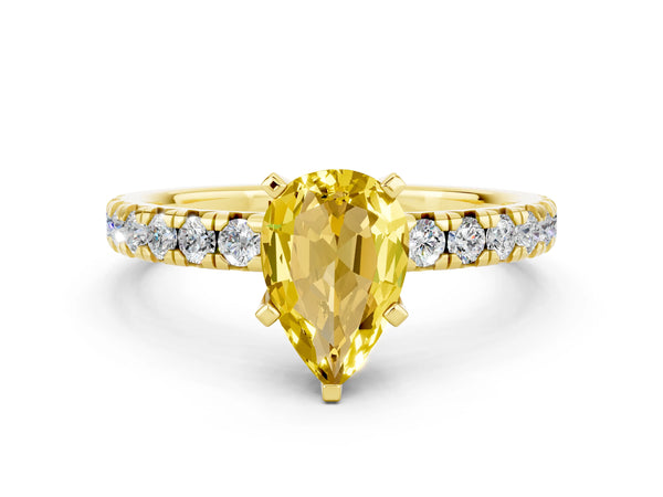 Yellow gold Pear Cut Yellow Sapphire Solitaire Pavé Engagement Ring with Round Band and Prong Setting