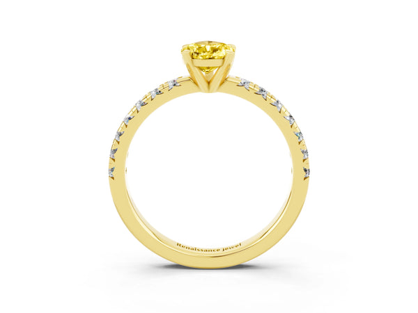 Yellow gold Pear Cut Yellow Sapphire Solitaire Pavé Engagement Ring with Round Band and Prong Setting