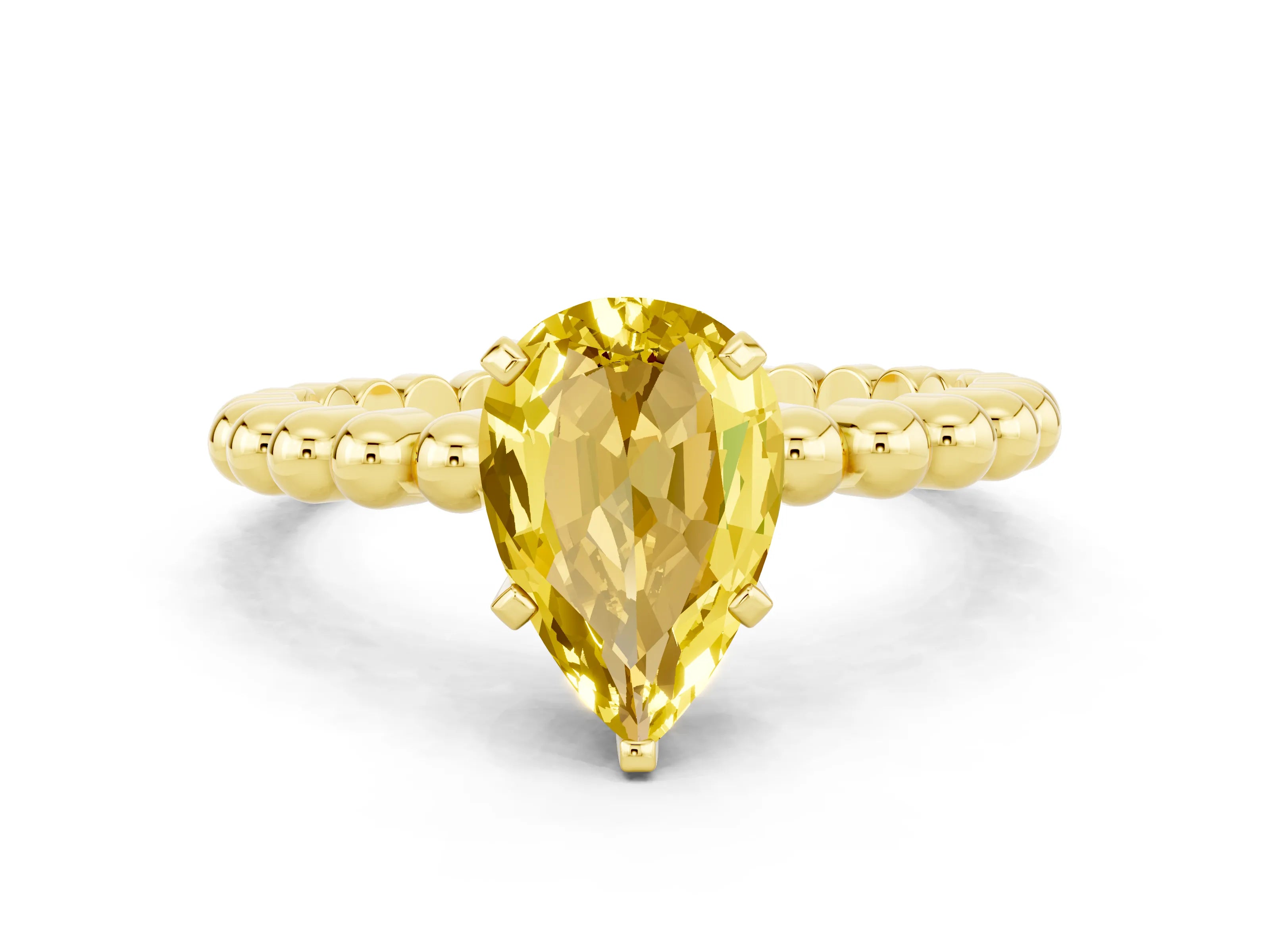 Yellow gold Pear Cut Yellow Sapphire Solitaire Ring with Beaded Band and Prong Setting