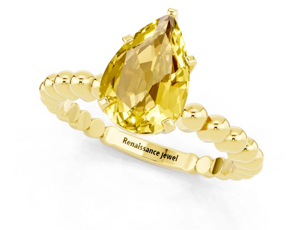 Yellow gold Pear Cut Yellow Sapphire Solitaire Ring with Beaded Band and Prong Setting
