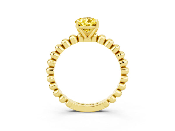 Yellow gold Pear Cut Yellow Sapphire Solitaire Ring with Beaded Band and Prong Setting