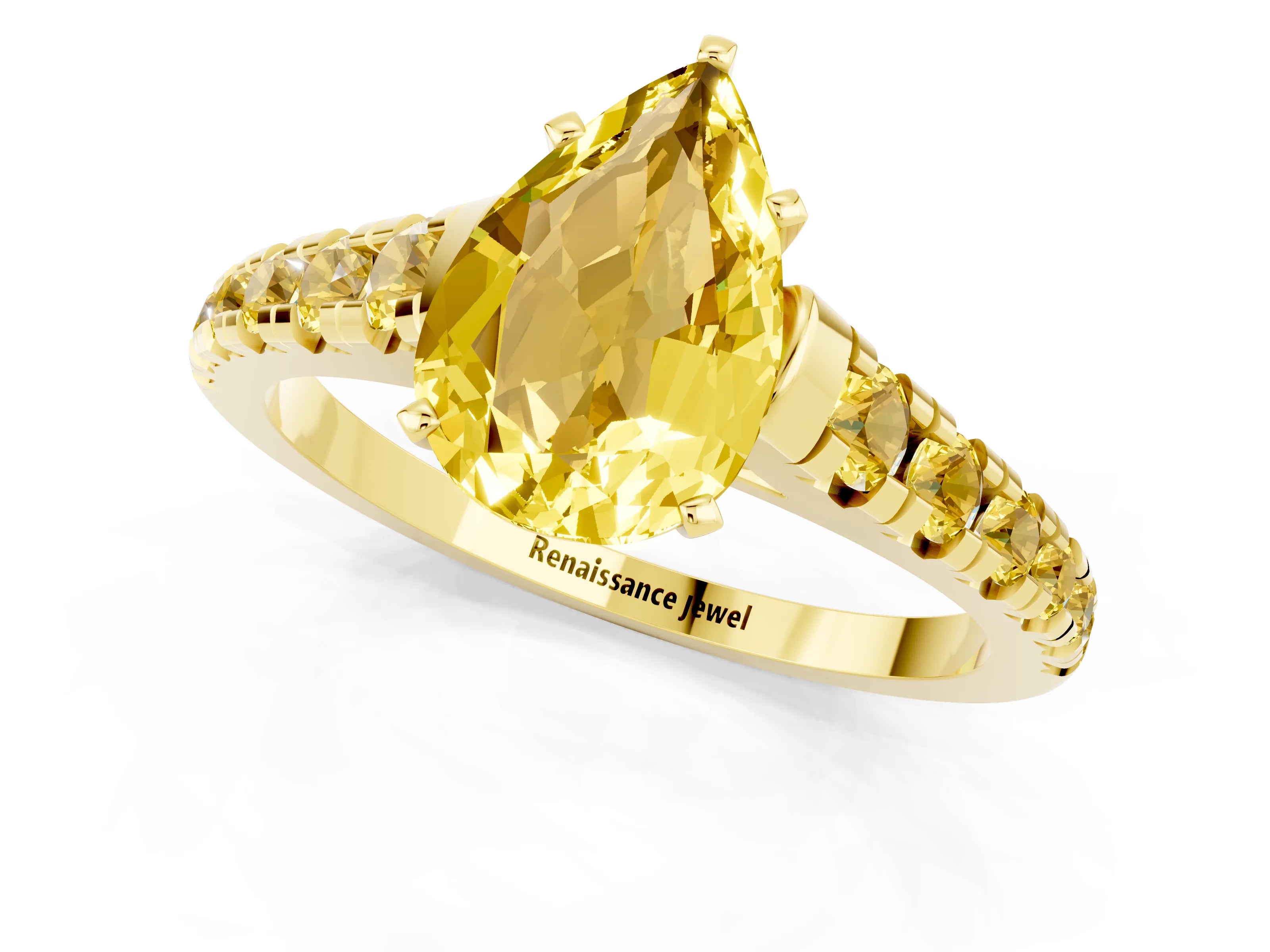 Yellow gold Pear Cut Yellow Sapphire Solitaire Ring with Cathedral Setting and Pavé Band_1