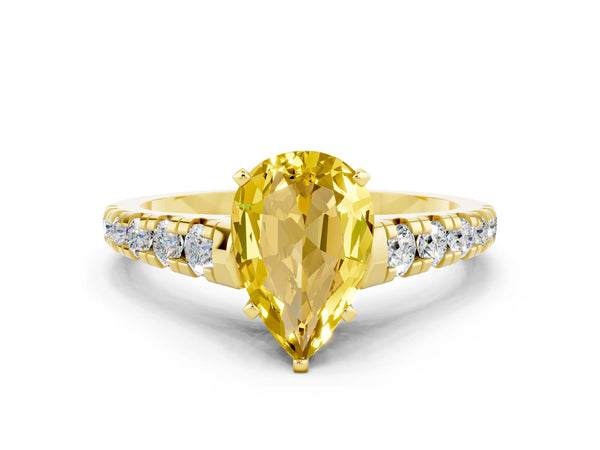 Yellow gold Pear Cut Yellow Sapphire Cathedral Solitaire Ring with Round  Pavé Band