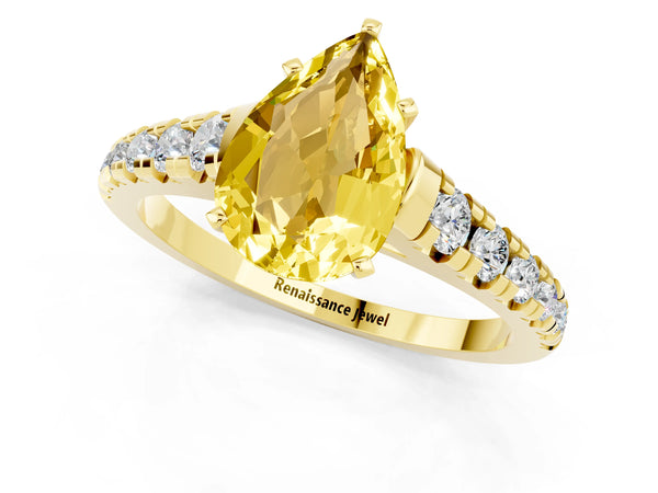 Yellow gold Pear Cut Yellow Sapphire Cathedral Solitaire Ring with Round  Pavé Band