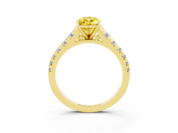 Yellow gold Pear Cut Yellow Sapphire Cathedral Solitaire Ring with Round  Pavé Band