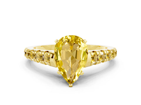Yellow gold Pear Cut Yellow Sapphire Solitaire Ring with Cathedral Setting and Pavé Band