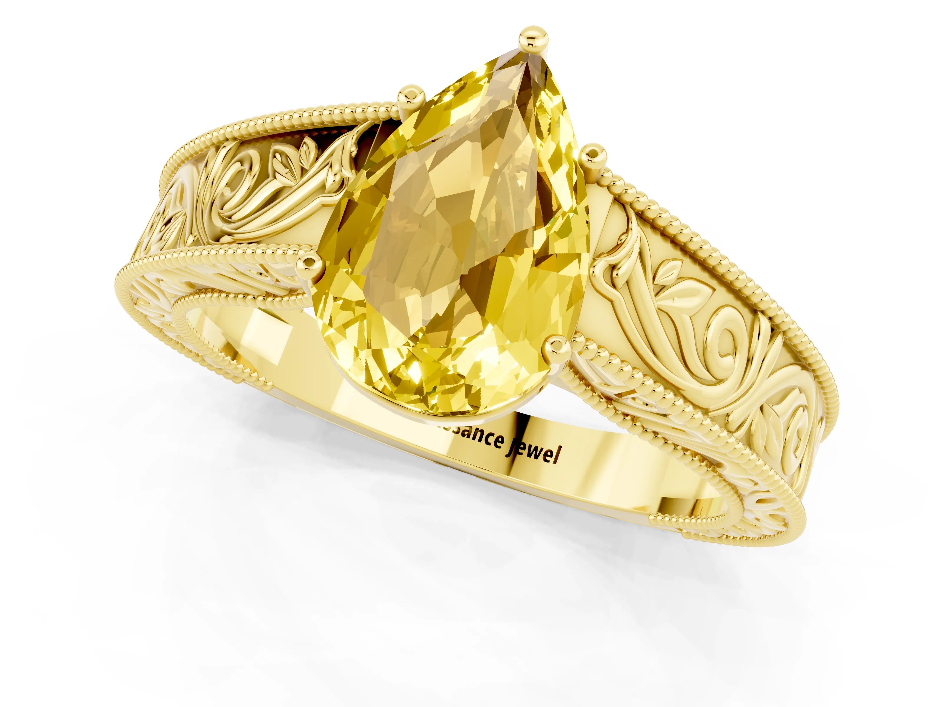 Yellow gold Pear Cut Yellow Sapphire Solitaire Ring with Engraved Band and Four-Prong Setting_1