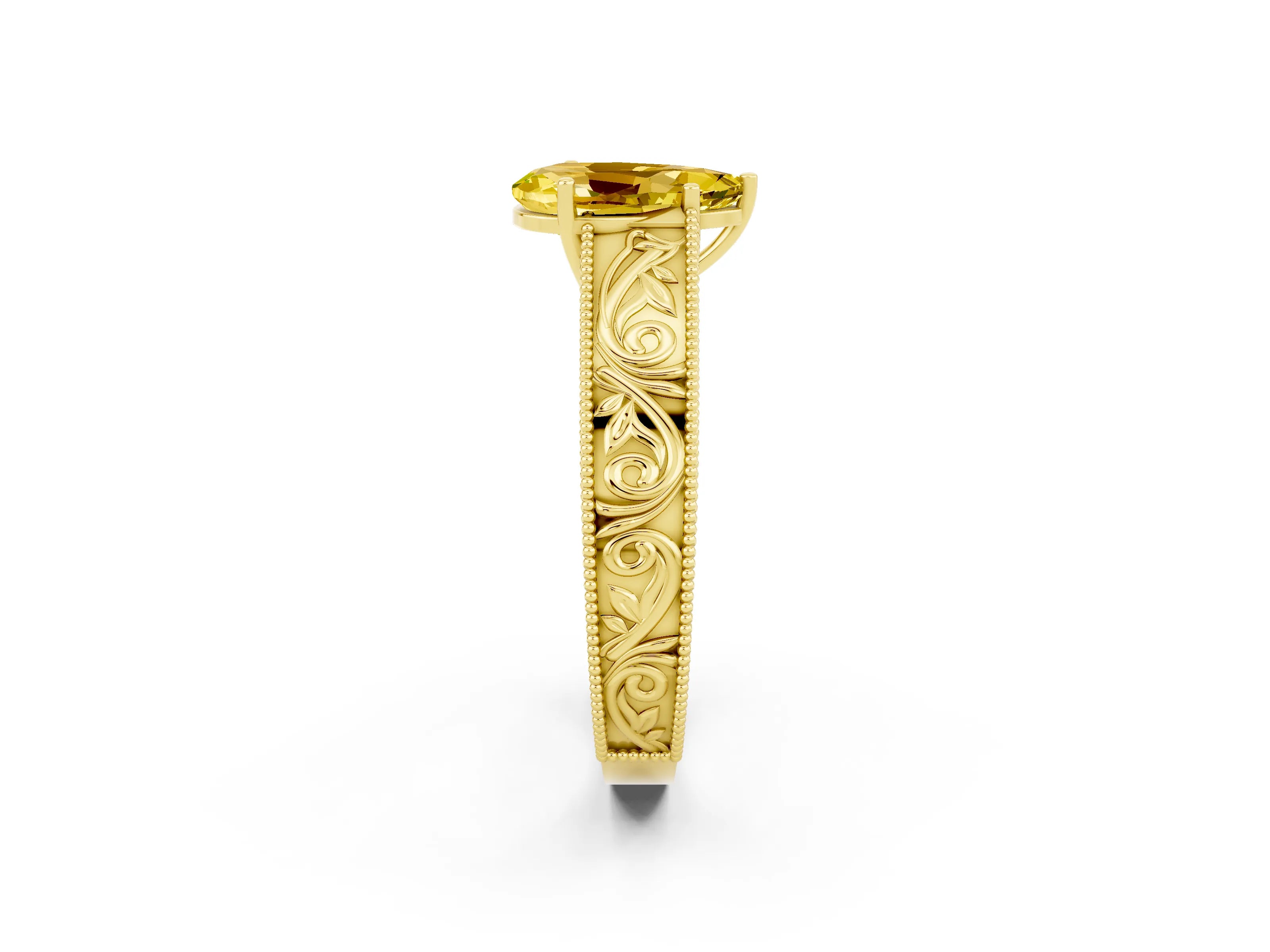 Yellow gold Pear Cut Yellow Sapphire Solitaire Ring with Engraved Band and Four-Prong Setting_2